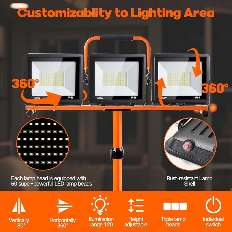 GUWELL 22000 Lumen Work Lights with Stand, 3 Head Portable LED Work Light, with Adjustable&Foldable Tripod Stand, IP66 Waterproof Lamp for Outdoor Indoor Job Site Workshop Garage Construction Site Lighting - Image 2